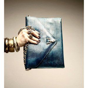 Blue Envelope Clutch Embossed Leather Bag Vintage Gift Accessories Made in Korea